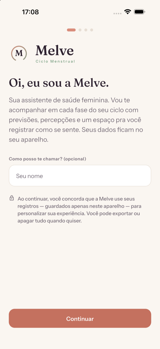 Tela de boas-vindas explicando que os dados ficam no aparelho
