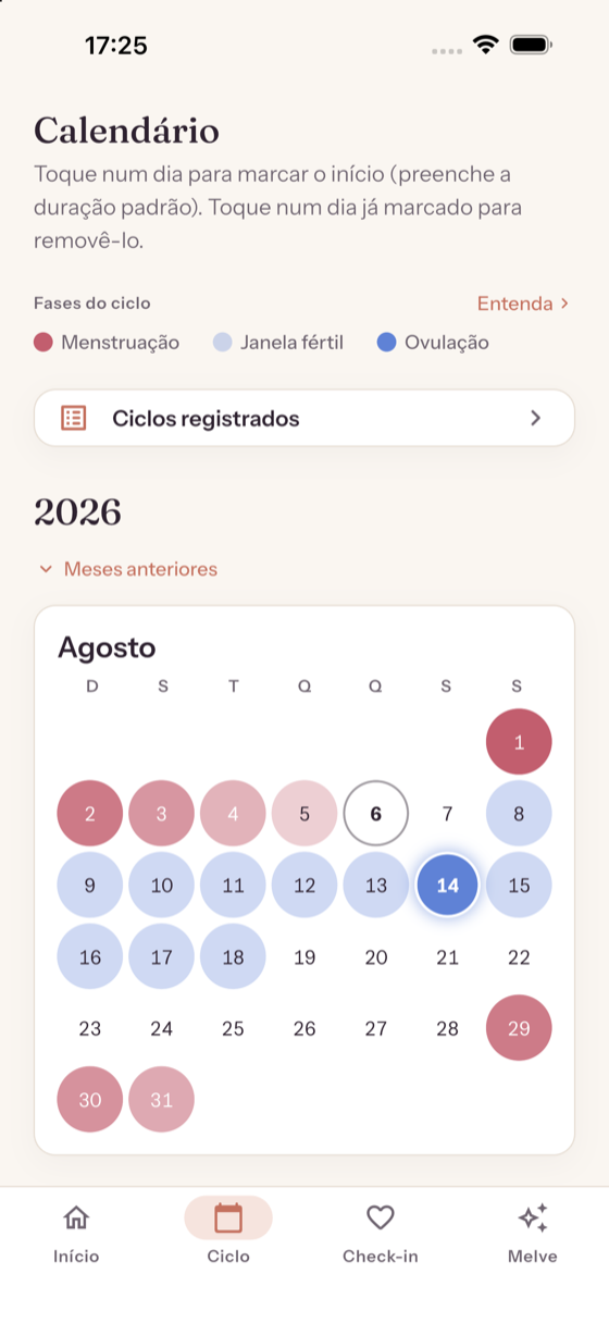 Calendário da Melve com os dias coloridos por fase do ciclo