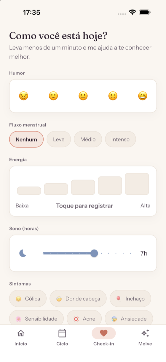 Tela de check-in com humor, fluxo, energia, sono e sintomas